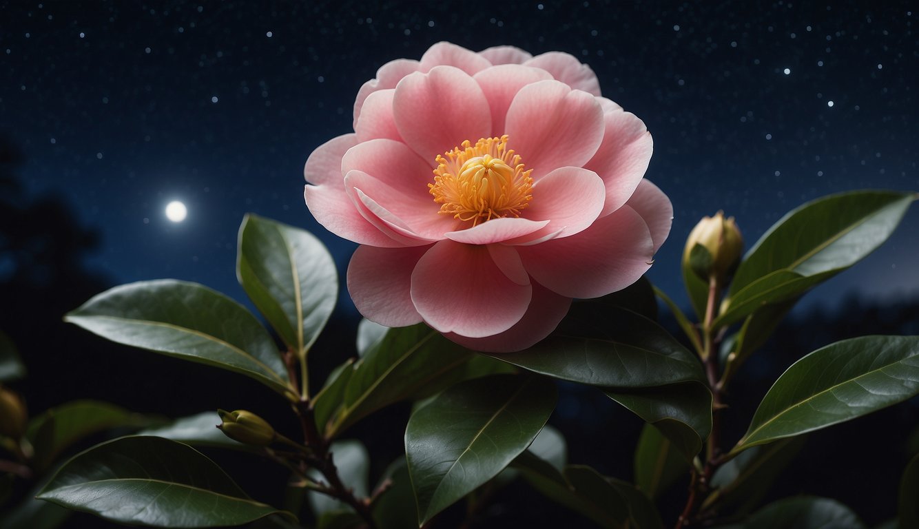 A single camellia flower, with a smaller one nestled inside, against a starry night sky