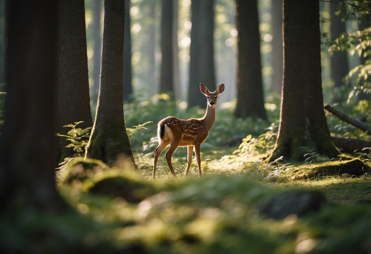 A serene forest clearing with a variety of wildlife, including deer, birds, and small mammals. Signs around the area emphasize "Avoid Feeding Wildlife" and "Leave No Trace While Wildlife Watching."