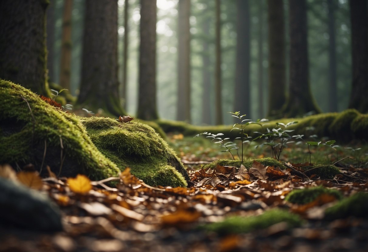 A serene forest clearing with wildlife in the distance, surrounded by untouched natural objects like fallen leaves and branches