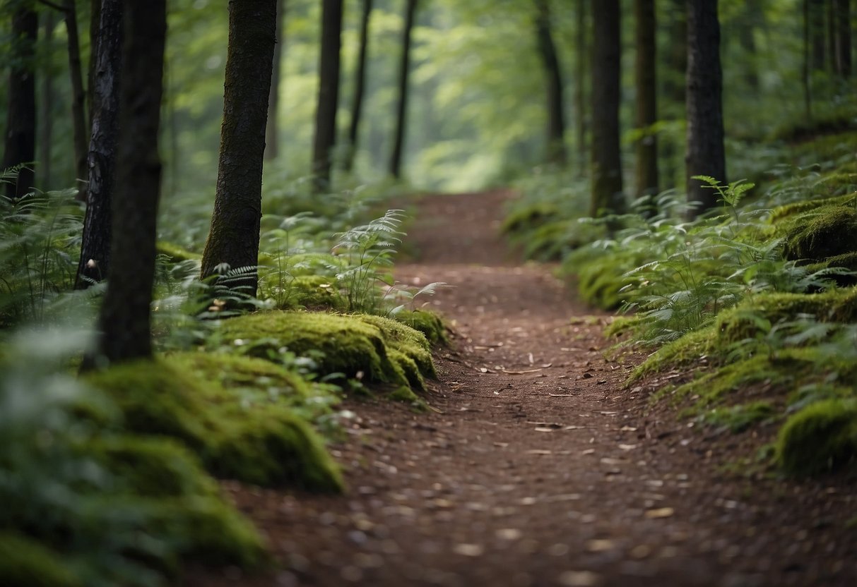 A serene forest clearing with a variety of wildlife, undisturbed by human presence. A trail leads through the scene, with signs displaying "10 Ways to Leave No Trace While Wildlife Watching."