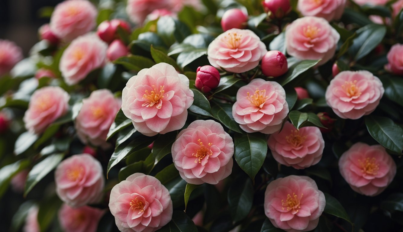 A cluster of camellia flowers in various stages of bloom, arranged in a star pattern, symbolizing their cultural significance