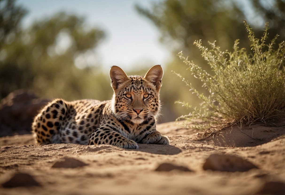 Wildlife in a hot, dry landscape, seeking shade and water sources. Animals panting or resting in the shade. Plants wilting in the heat