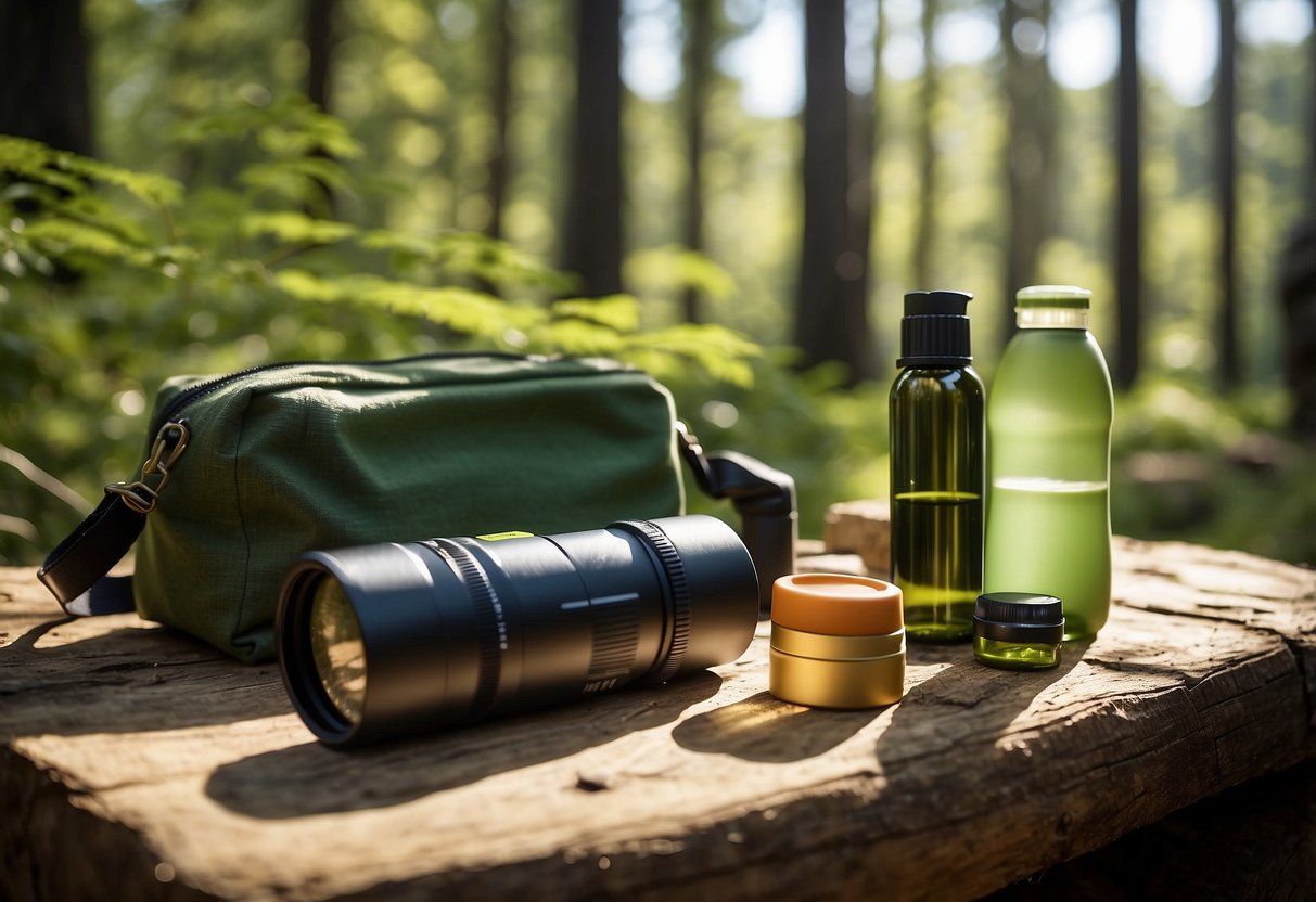 A sunny forest clearing with a picnic blanket, binoculars, and a bottle of eco-friendly insect repellent. A variety of wildlife, such as birds and butterflies, can be seen in the distance