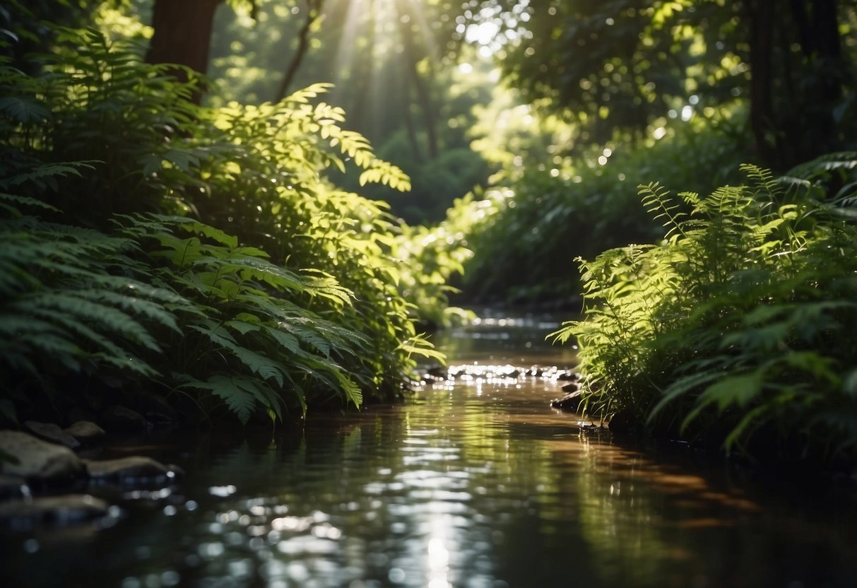 Lush green foliage with dappled sunlight, a small stream trickling through, and various wildlife species seeking shelter from the heat