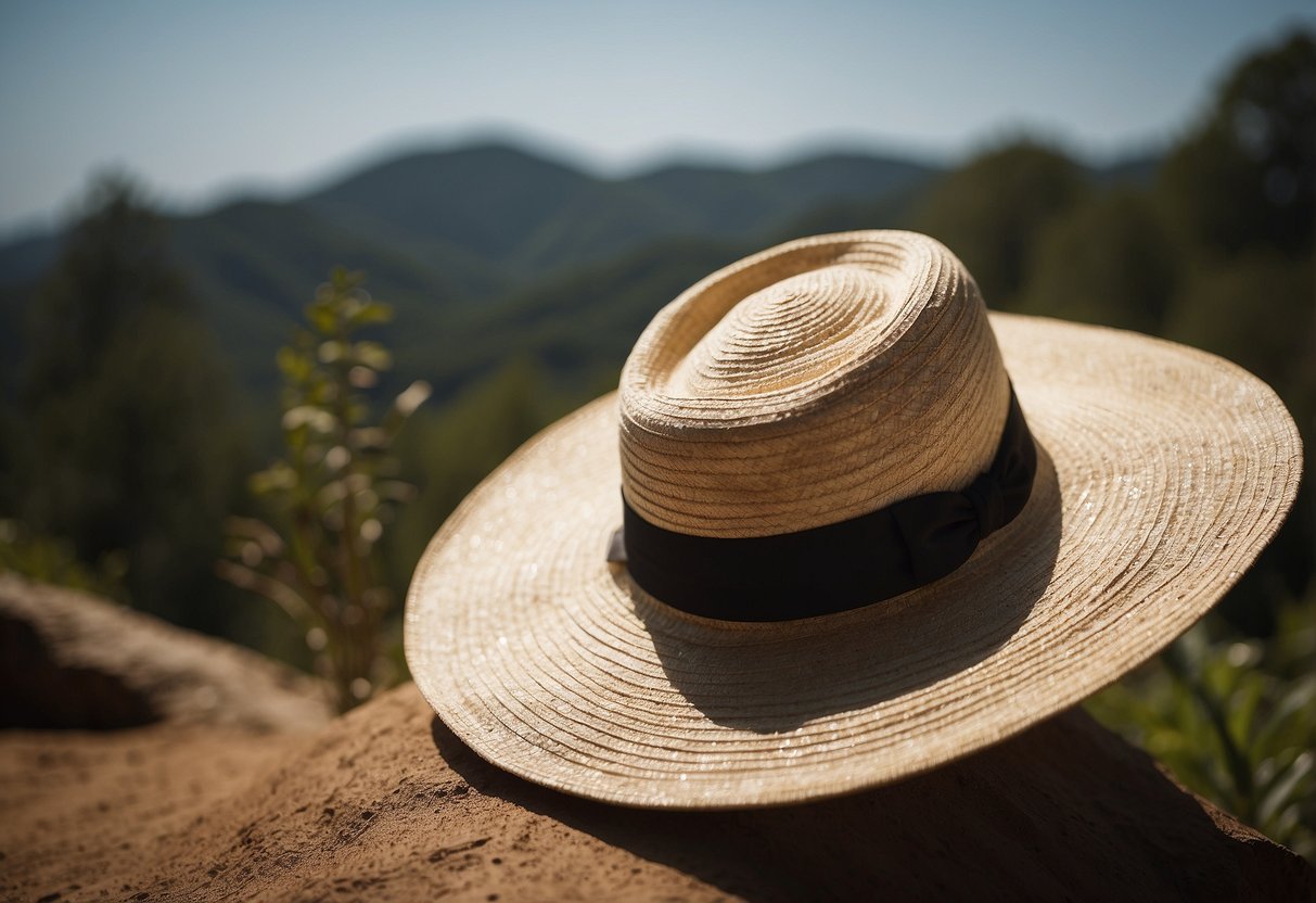 A wide-brimmed hat shields from the sun as wildlife is observed in hot weather