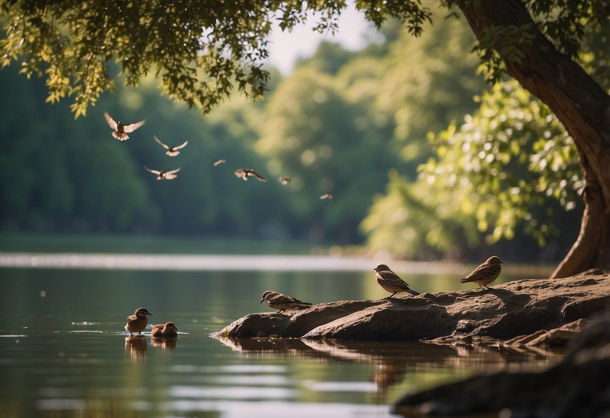 Wildlife seeking shade under trees, panting and resting. Birds flying low over water for cooling. Insects buzzing around water sources