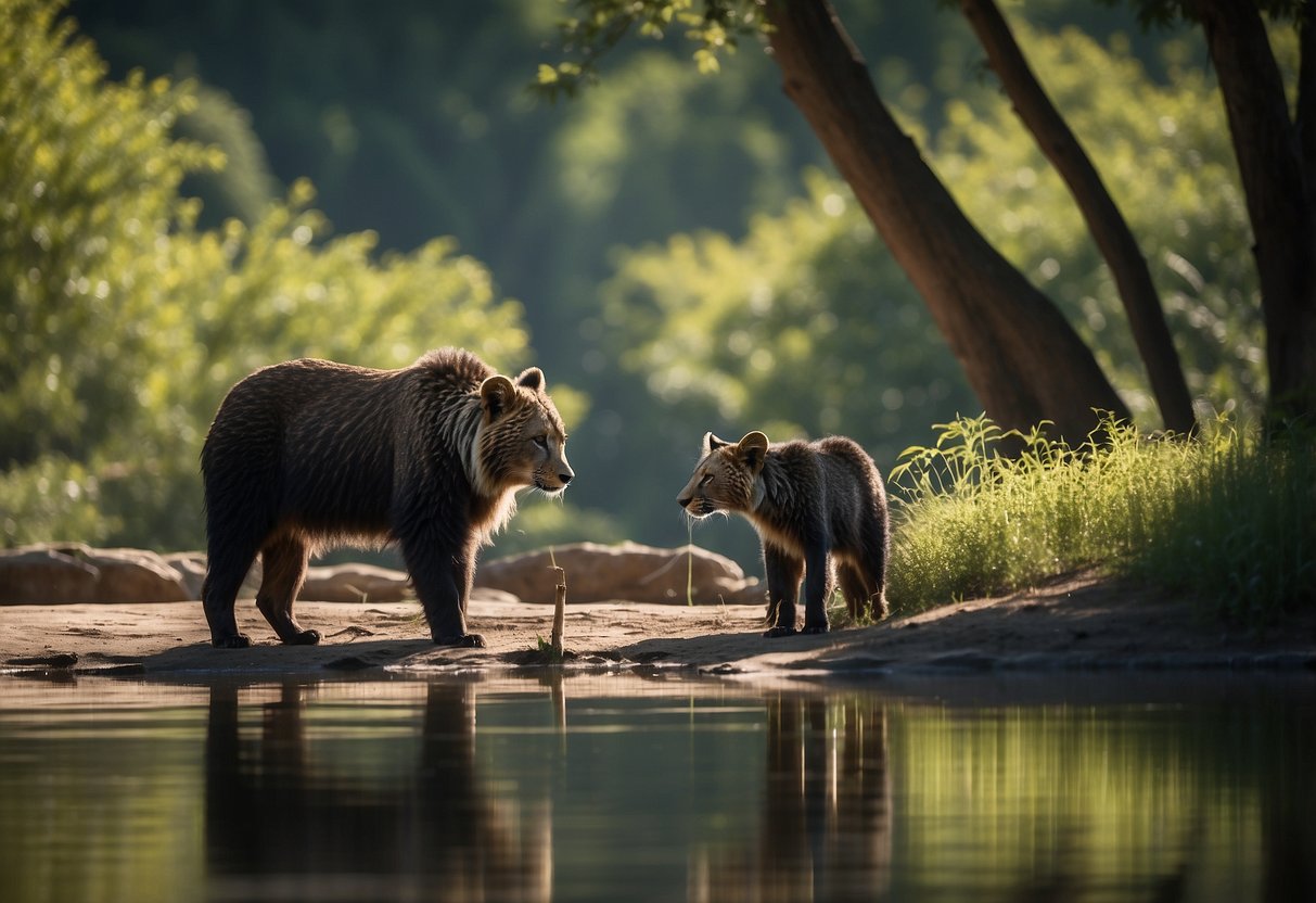 Wildlife in natural setting, shaded by trees, water source nearby, signs of heat like panting or seeking shade