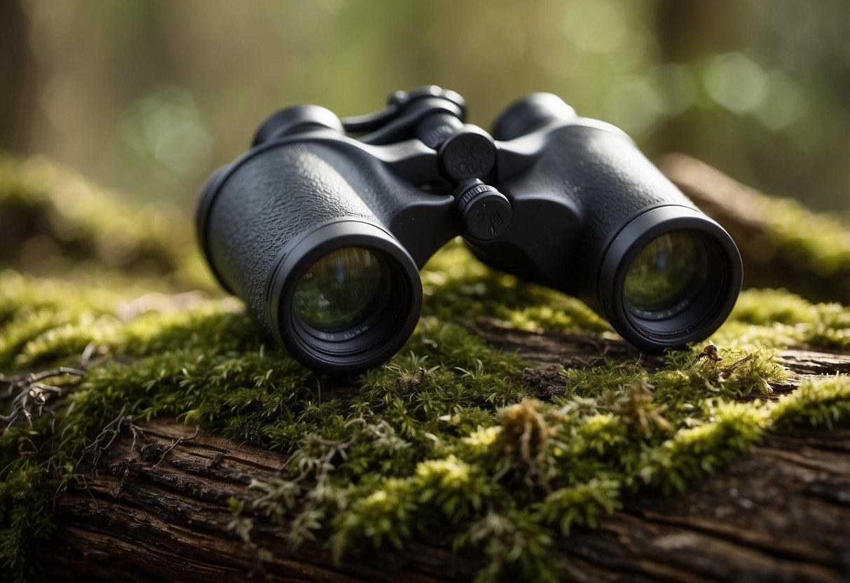 A pair of binoculars resting on a moss-covered log, with various wildlife, such as birds, deer, and rabbits, in the background