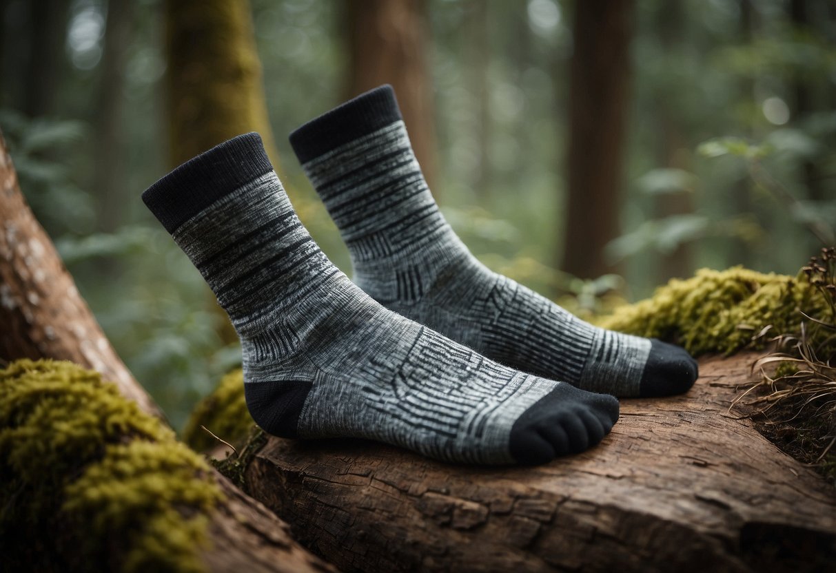 A pair of Smartwool PhD Outdoor Heavy Crew Socks are shown against a backdrop of a dense forest, with various wildlife such as deer, birds, and squirrels in the background