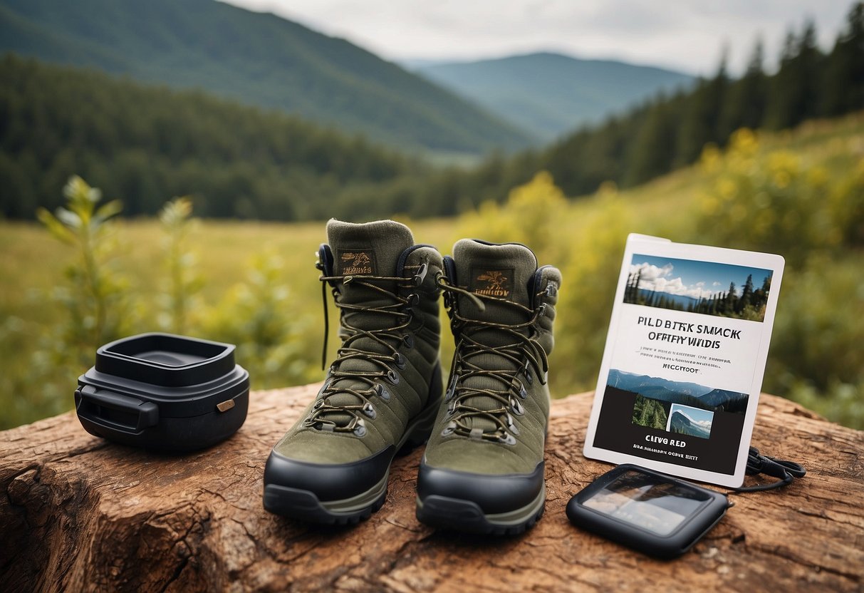 A pair of Darn Tough Hiker Micro Crew Cushion socks placed next to binoculars and a field guide, with a backdrop of a forest and wildlife