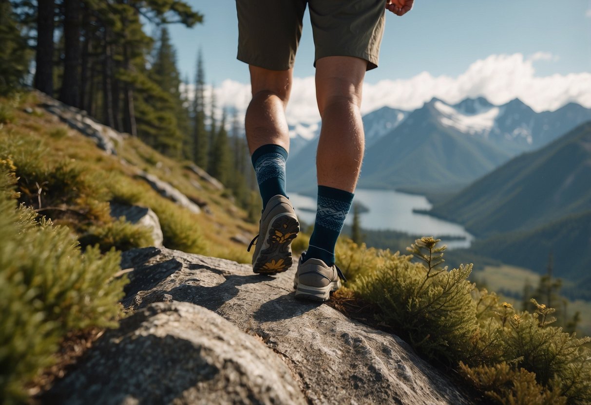 A pair of Icebreaker Merino Hike+ Light Crew Socks surrounded by wildlife in a natural setting, such as a forest or mountain trail