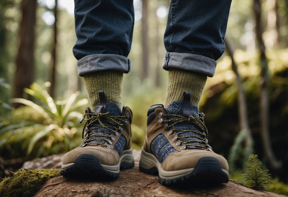 A pair of FITS Light Hiker Crew Socks are surrounded by wildlife watching gear in a natural outdoor setting