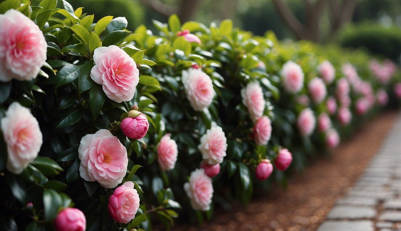 A row of vibrant camellia hedges lines the garden path, their glossy green leaves and delicate pink and white blooms creating a stunning display of natural beauty