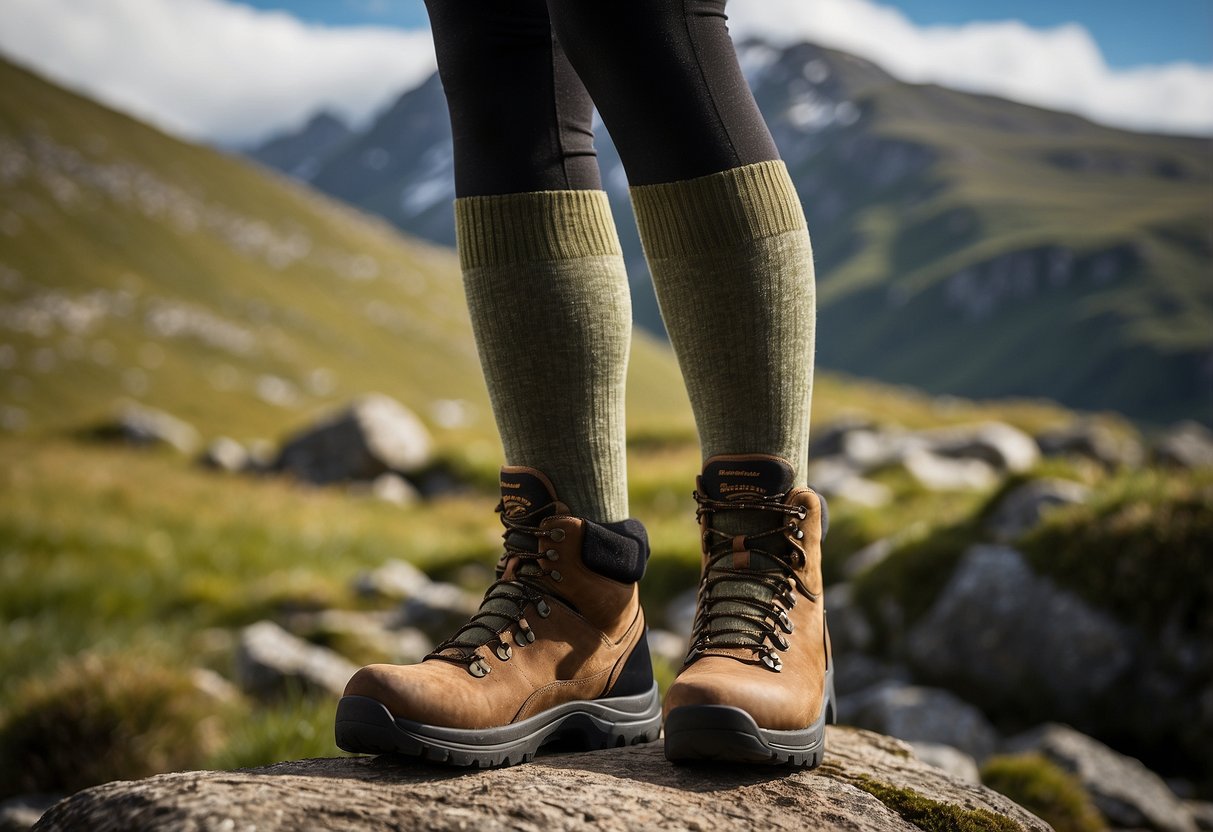 A pair of Bridgedale Explorer Heavyweight Merino Performance Boot Socks displayed against a backdrop of wildlife and nature, showcasing their durability and suitability for wildlife watching