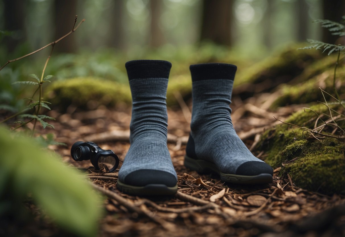 A pair of durable, moisture-wicking socks sits on a forest floor, surrounded by wildlife. A pair of binoculars and a field guide are nearby