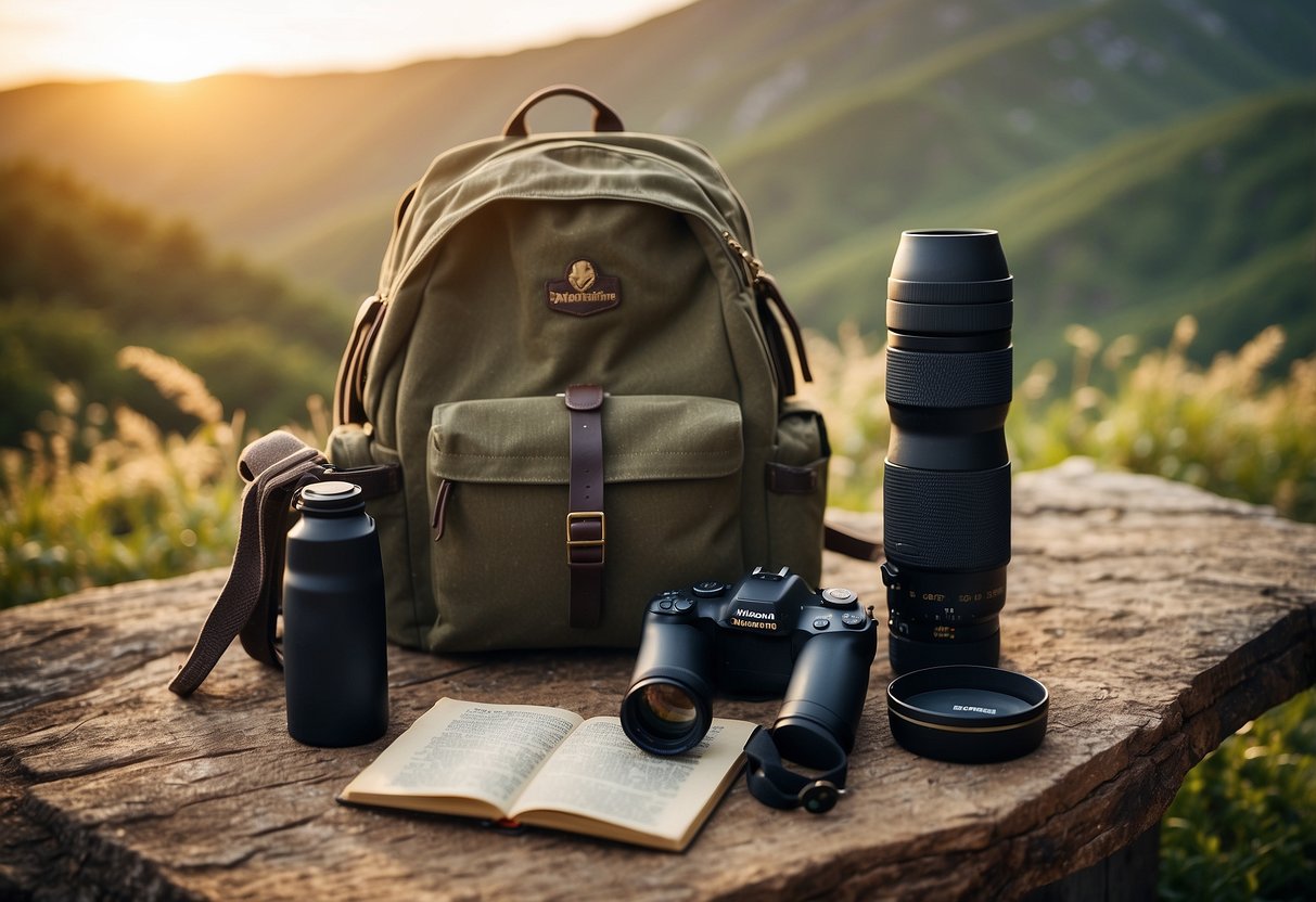 A pair of binoculars, a field guide book, a sturdy pair of hiking boots, a backpack, and a comfortable chair set up in a scenic wildlife viewing spot