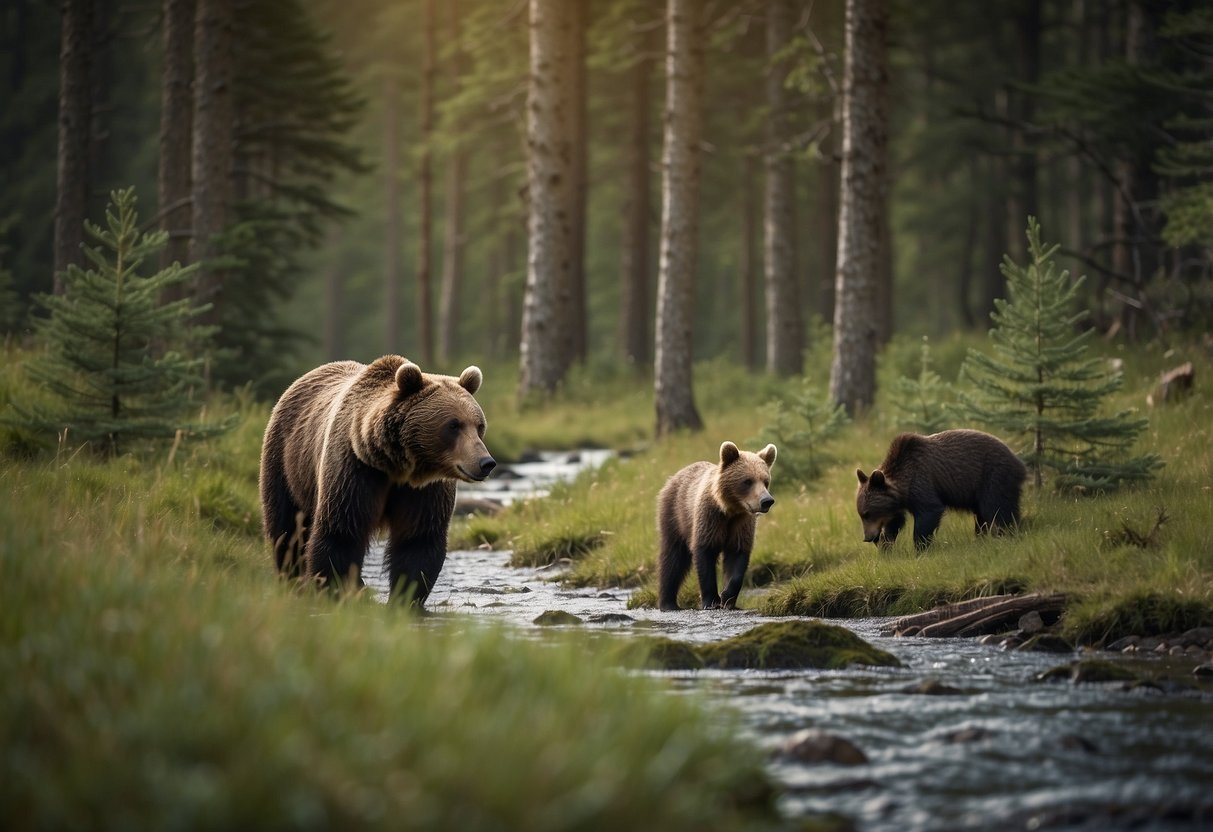 A bear family roams near a bubbling creek, as a group of deer graze in a lush meadow. Birds flit around a towering pine forest, while a fox hunts for prey in the underbrush