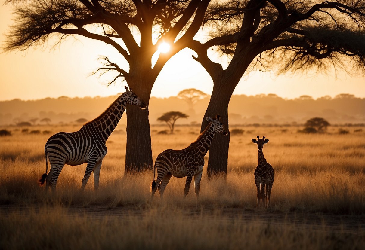 Vast savannah with acacia trees, watering holes, and diverse wildlife. Lions, elephants, zebras, and giraffes roam freely. Sunset casts a golden glow over the landscape