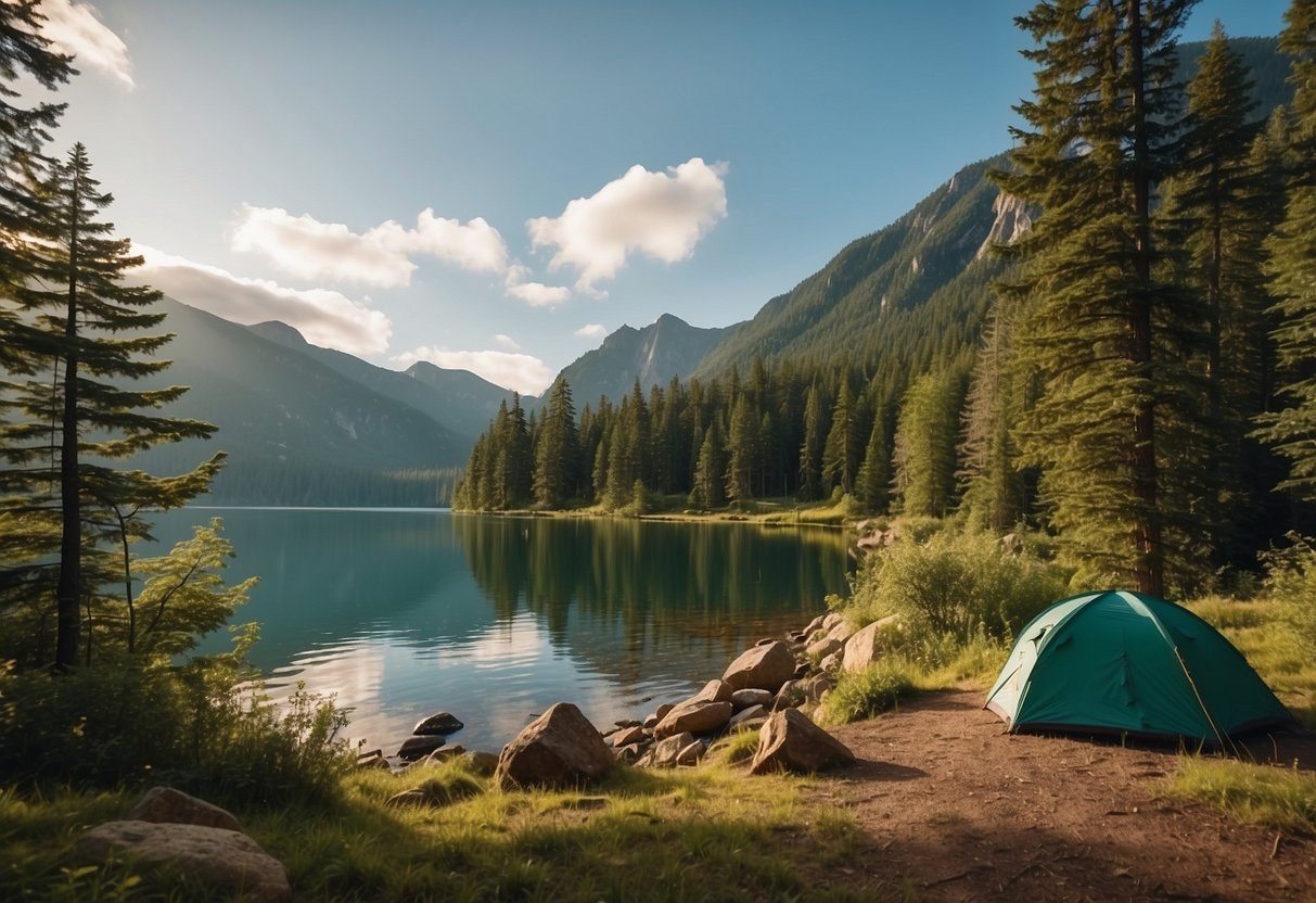 A serene campsite nestled in a lush forest, with a clear view of a tranquil lake. Wildlife roam freely, creating a picturesque scene for wildlife watchers