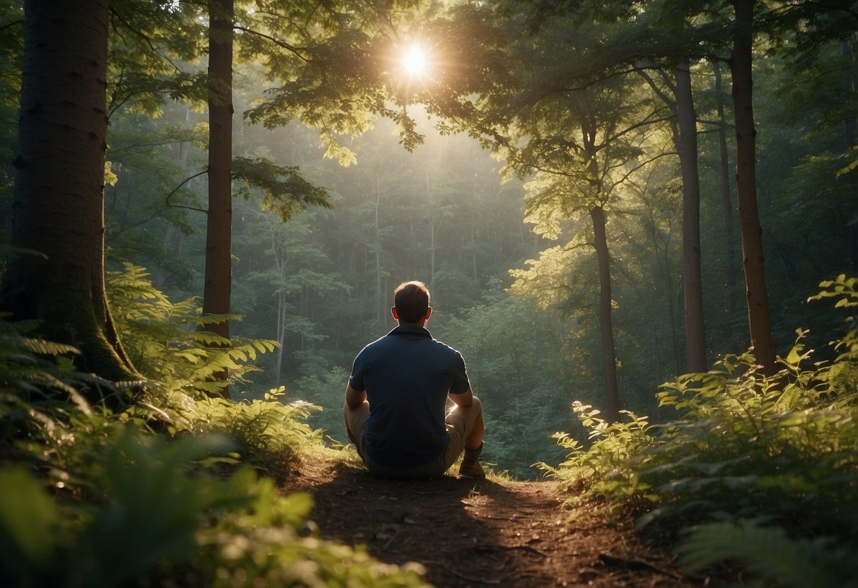 A peaceful forest clearing with diverse wildlife, including birds, deer, and small mammals. A hiker sits quietly, observing with binoculars. Surrounding trees and foliage create a natural frame