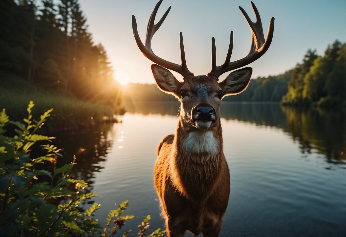 The sun rises over a tranquil lake, surrounded by lush greenery. Birds chirp and flutter around, while a deer cautiously approaches the water's edge