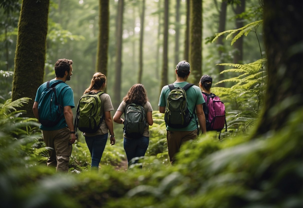 A group of wildlife enthusiasts follow a guide through a lush forest, binoculars in hand. They stop to observe a colorful bird perched on a branch