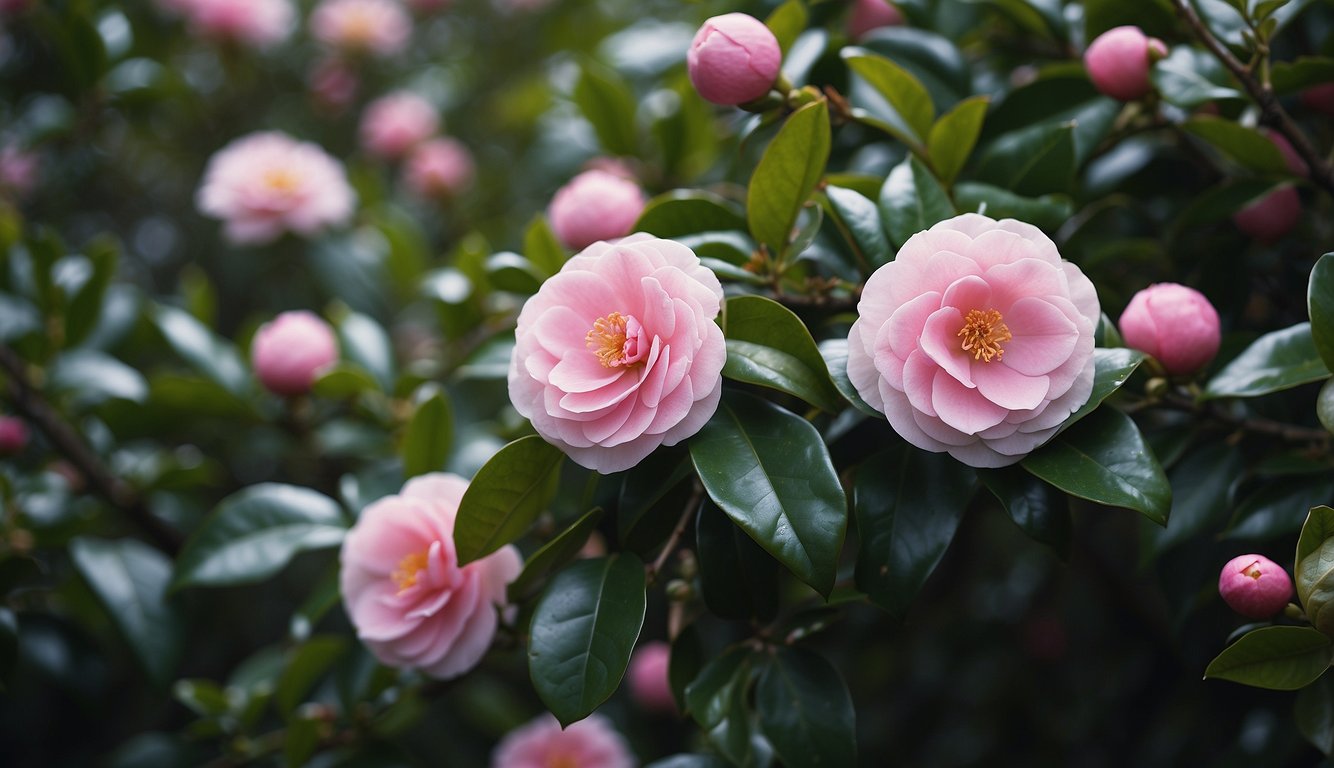 Healthy camellia hedges surrounded by natural pest and disease management methods