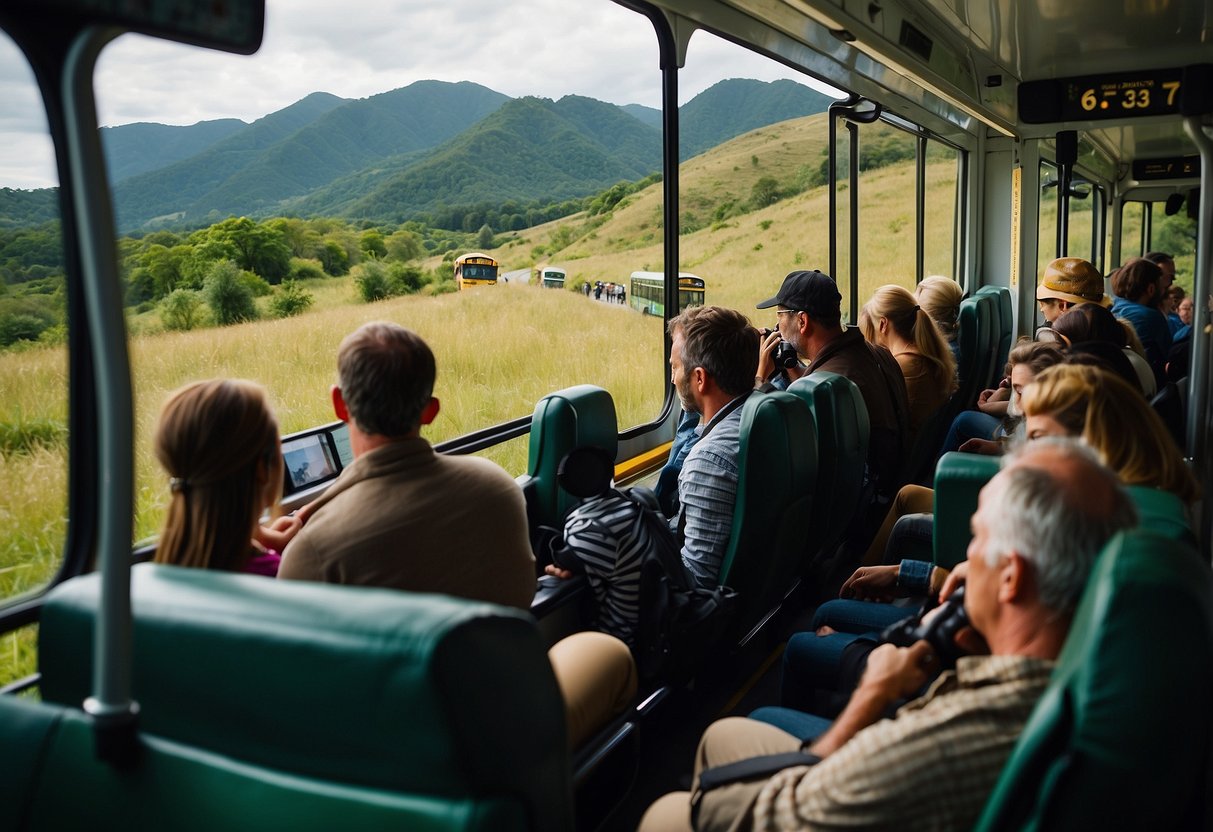 Passengers board a public bus with binoculars and cameras. Wildlife guidebooks are tucked under their arms. The bus travels through a lush, green landscape as passengers eagerly peer out the windows, searching for glimpses of wildlife