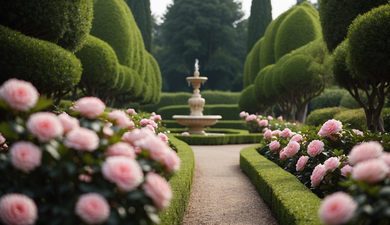 A garden with neatly trimmed camellia hedges bordering a winding path, leading to a central focal point such as a fountain or sculpture