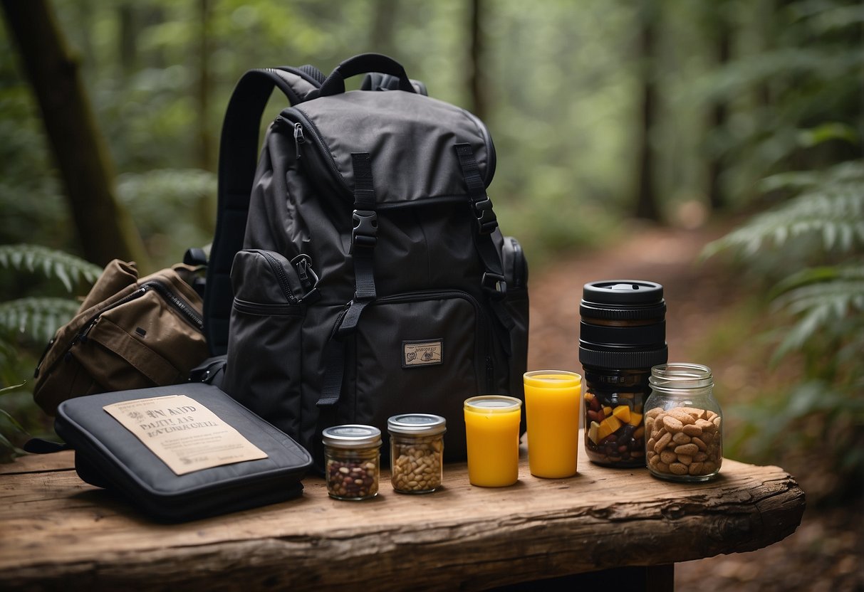 A person's hands packing a backpack with snacks, binoculars, and a guidebook. The backpack is placed next to a trail sign with wildlife illustrations