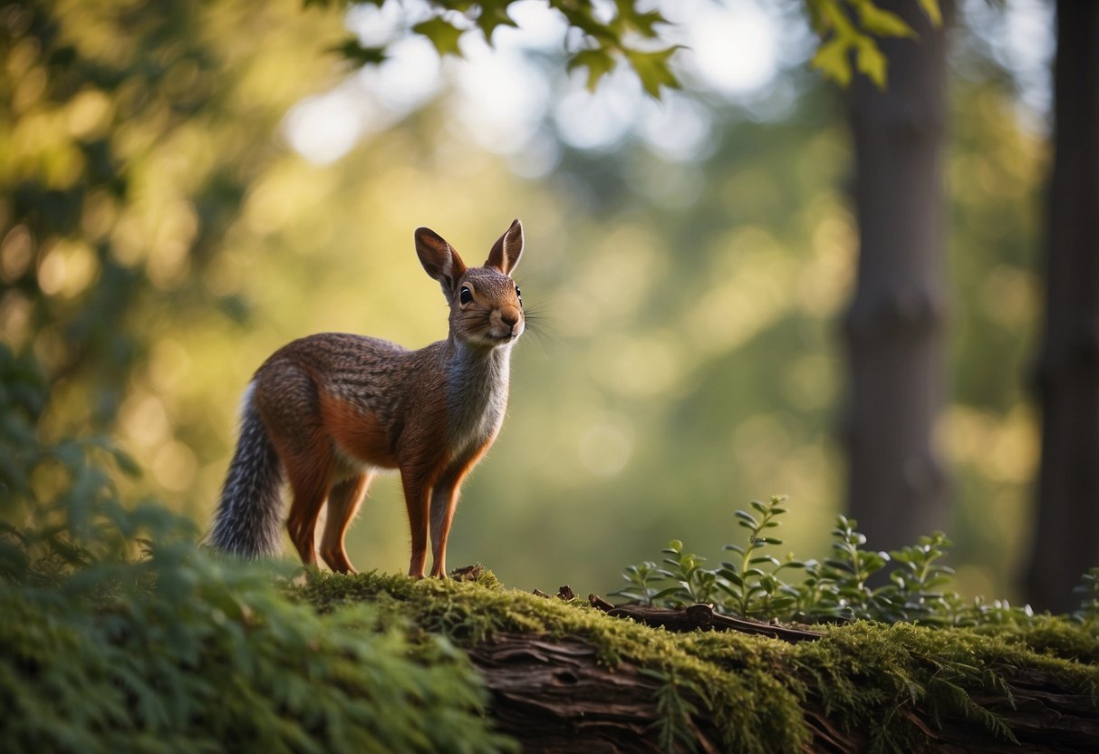 A variety of local wildlife, such as birds, deer, and squirrels, can be seen in a natural setting, with trees and bushes in the background