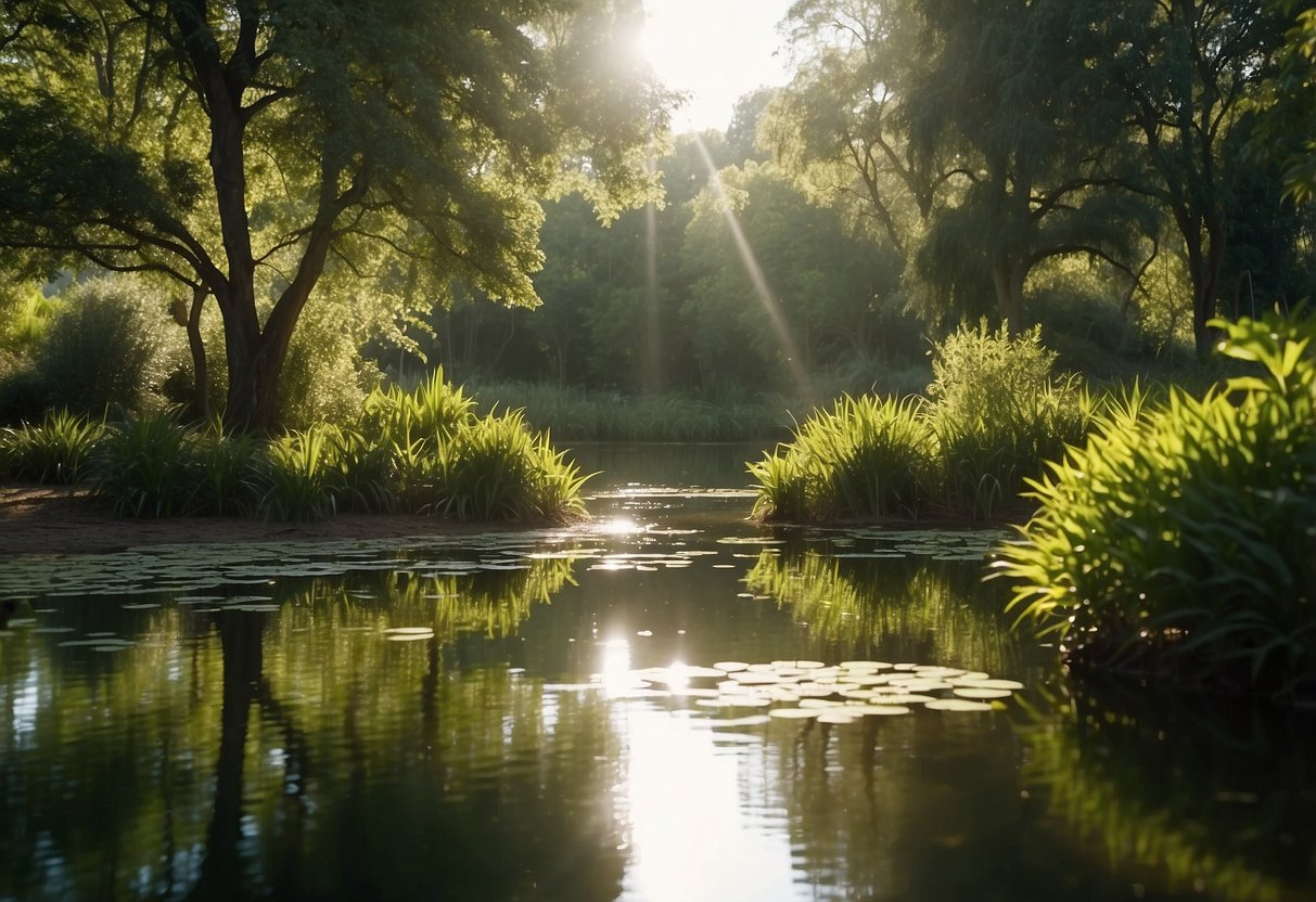 Lush greenery surrounds a tranquil pond, where a variety of birds and small animals gather. Sunlight filters through the trees, creating dappled patterns on the ground. A sense of peace and natural beauty fills the air