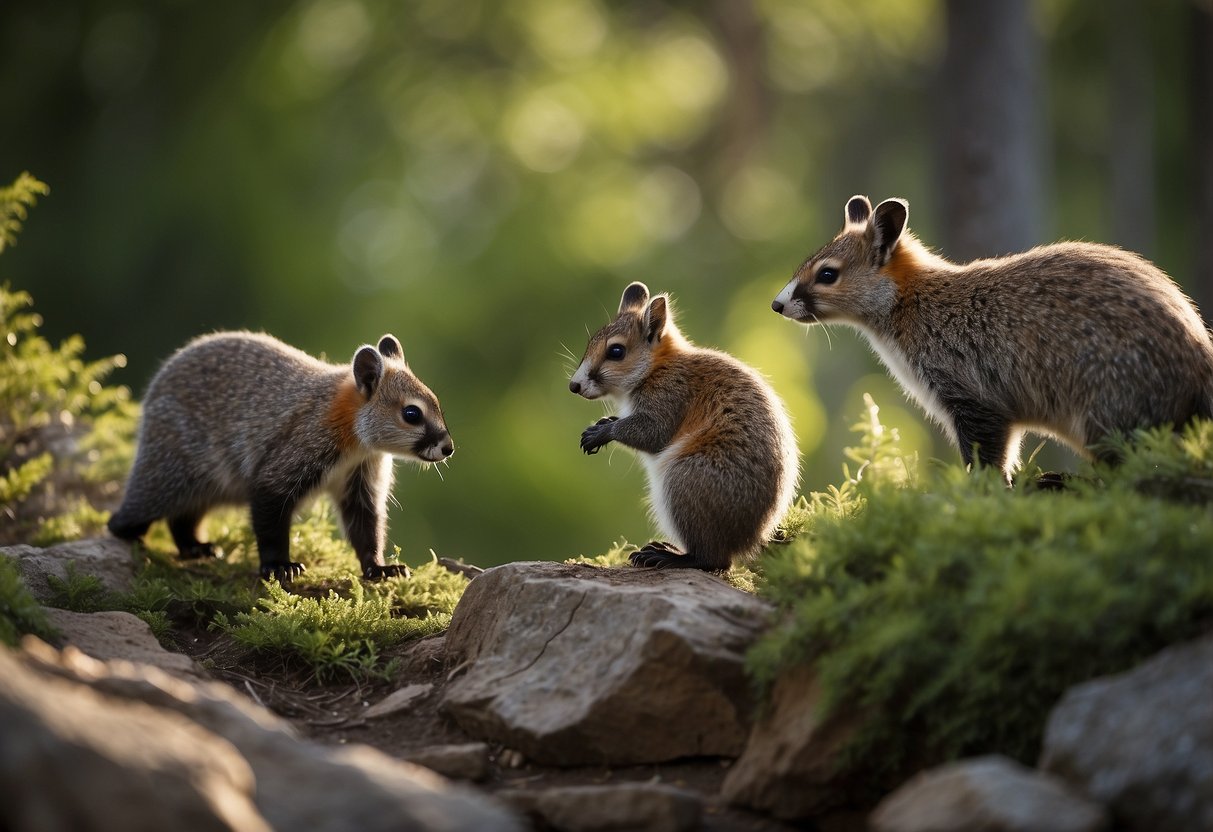 A group of animals in their natural habitat, exhibiting various behaviors such as foraging, grooming, and socializing. The setting is a budget-friendly wildlife watching spot with diverse flora and fauna