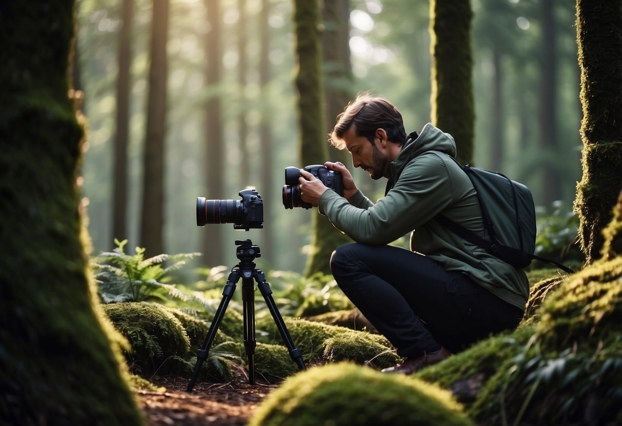 A person sets up a camera on a tripod in a lush forest, surrounded by trees and wildlife. They carefully adjust the settings and lens, preparing to capture the perfect shot of a wild animal