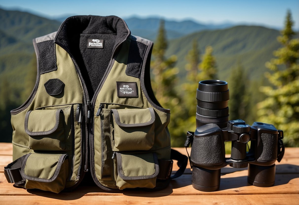 Wildlife vests displayed on a wooden table with nature backdrop. Binoculars, camera, and field guide nearby. Bright, outdoor lighting