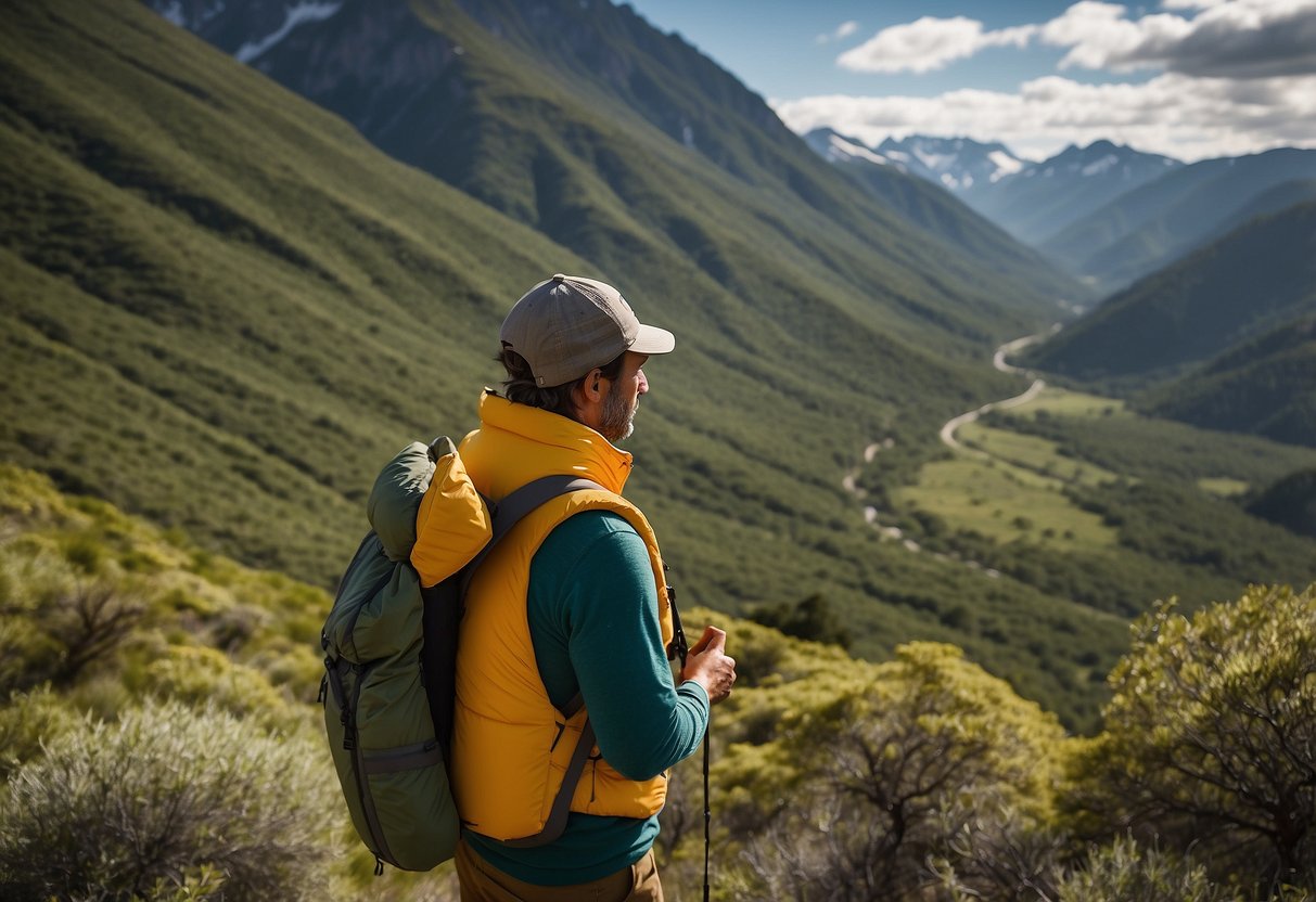 A birdwatcher wears a Patagonia Nano Puff Vest while observing wildlife in a lush, mountainous landscape. The lightweight vest blends seamlessly with the surroundings, providing warmth and mobility for the observer