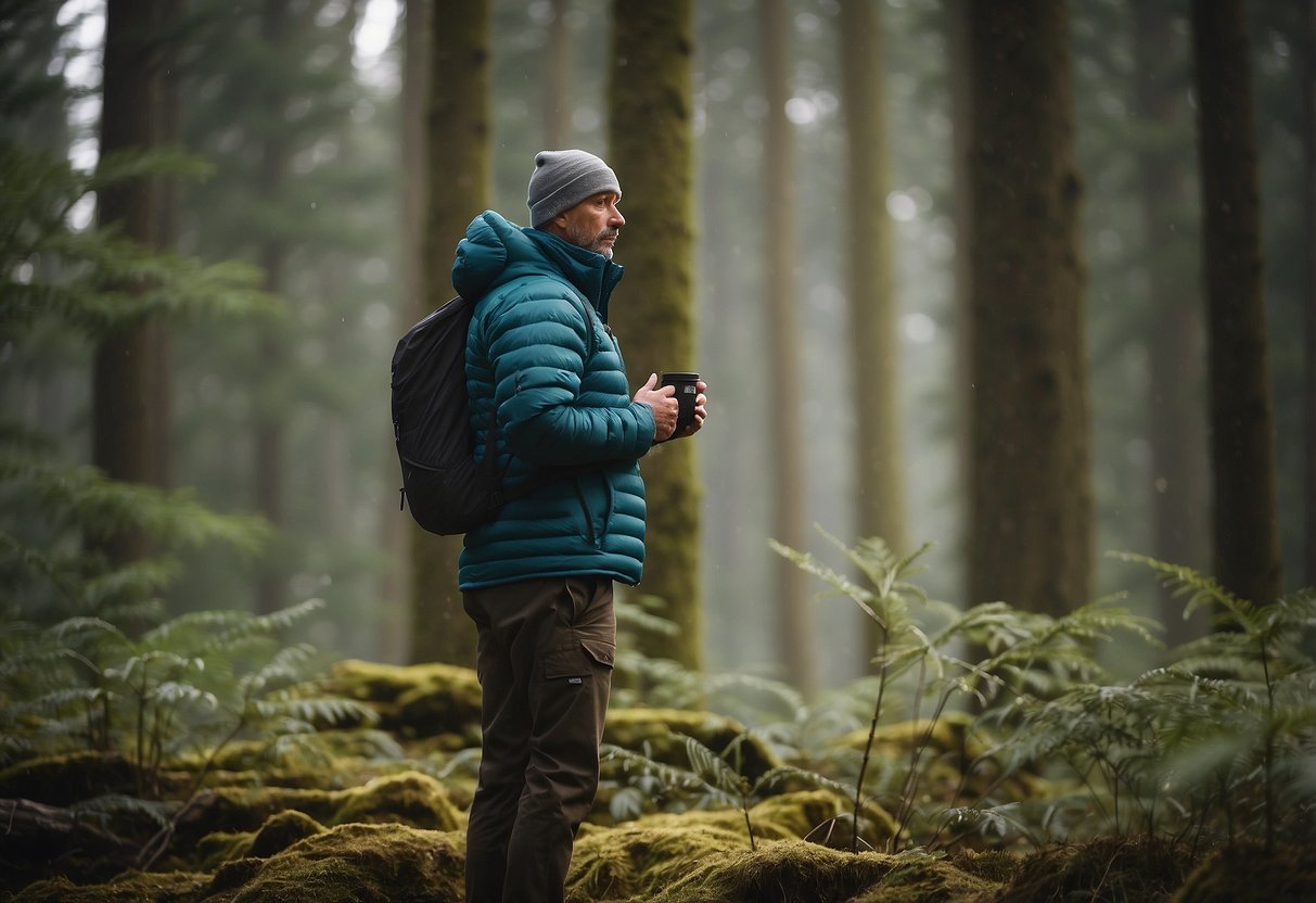 A wildlife watcher stands in a forest clearing, wearing The North Face Thermoball Eco Vest. Birds flit around, and a deer grazes in the distance