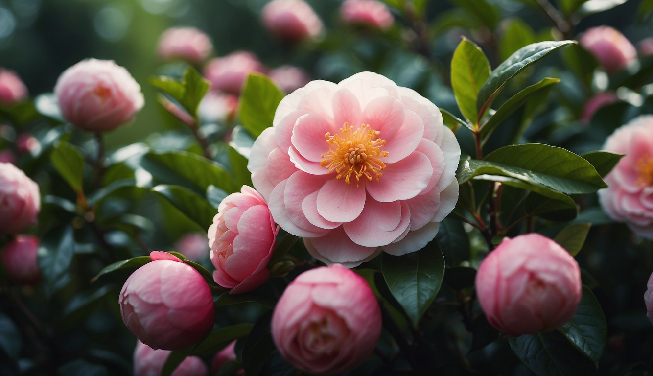 A lush garden filled with vibrant camellia paradise pearl flowers in full bloom, surrounded by lush green foliage and delicate petals scattered on the ground