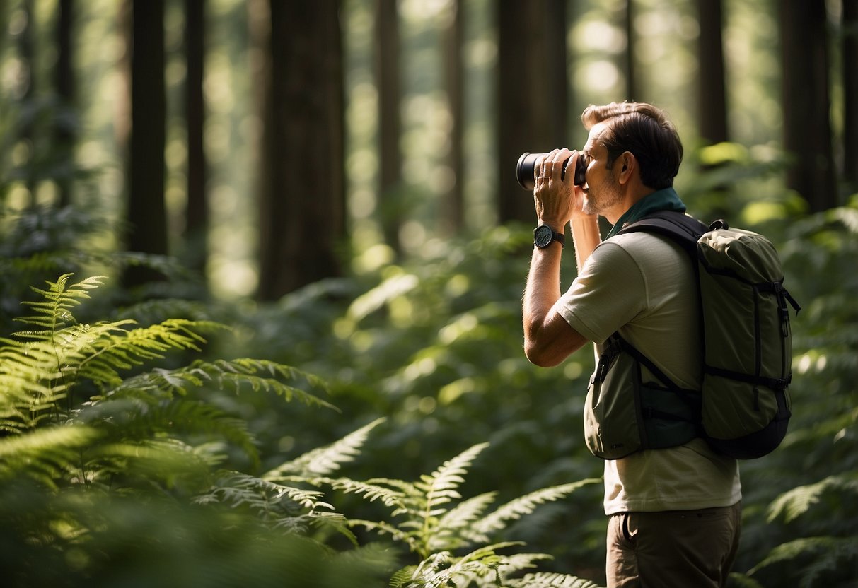 A bright, sunny day in a lush, green forest. A person wearing a Columbia Silver Ridge Lite Vest is quietly observing wildlife with binoculars