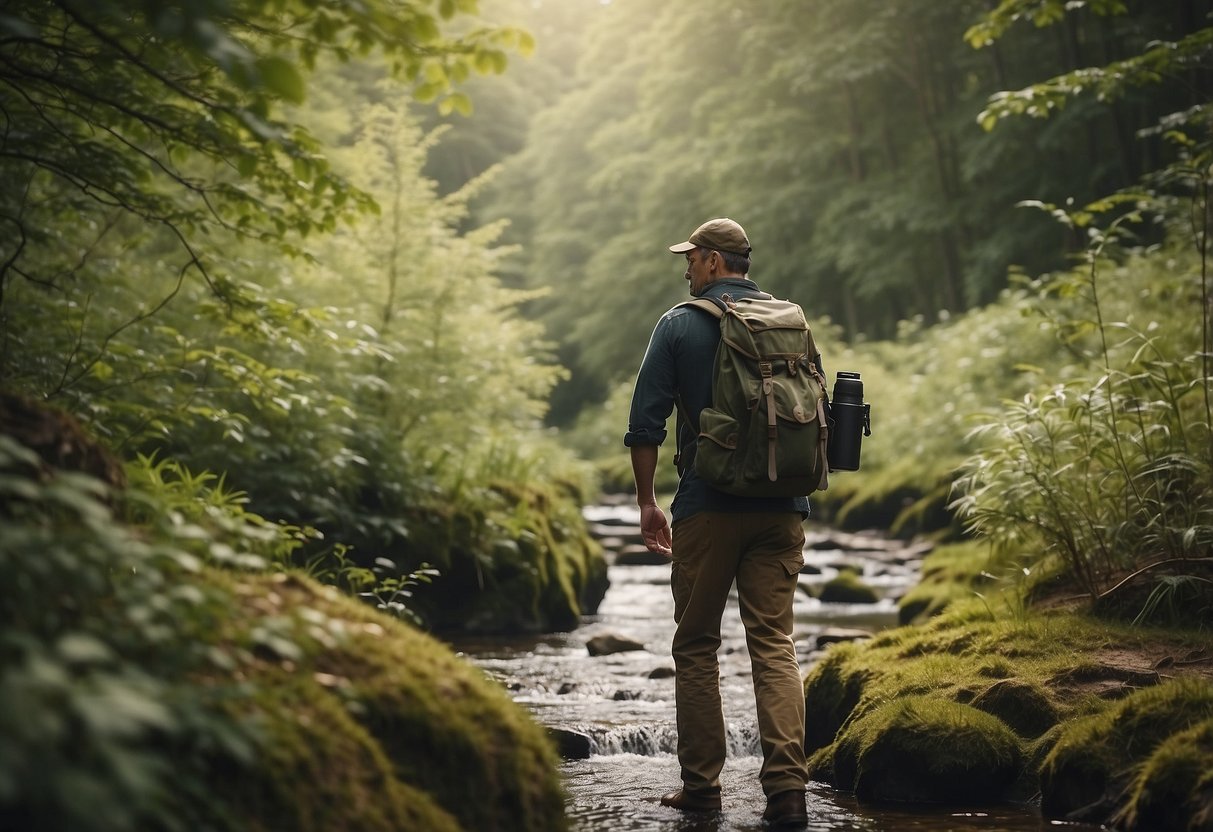 A woodland clearing with a birdwatcher's backpack and binoculars, a small stream, and a variety of wildlife including birds, deer, and rabbits