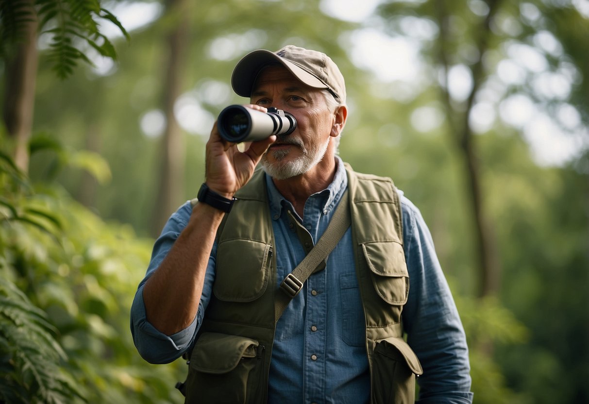 A wildlife watcher wearing a lightweight vest scans the horizon with binoculars, surrounded by lush greenery and the sounds of chirping birds