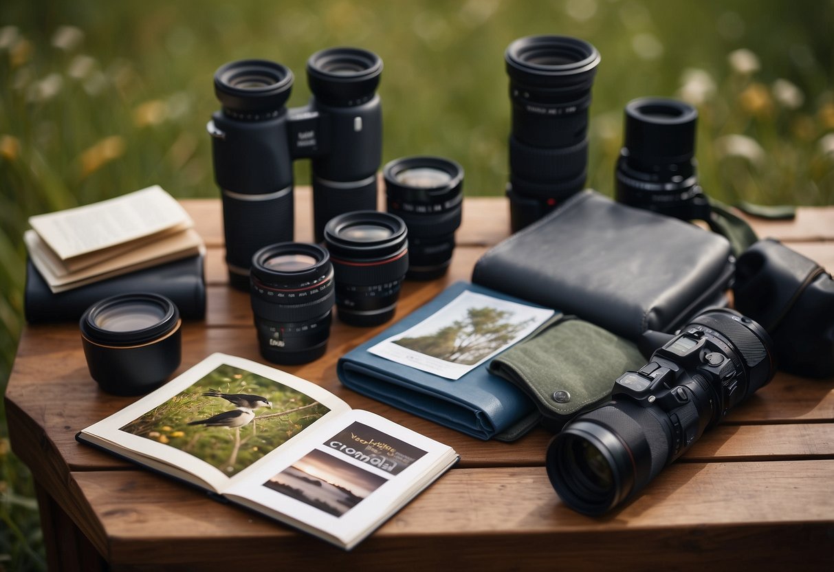 A table with 5 lightweight vests laid out, surrounded by binoculars, a camera, and a field guide. A bird feeder and a nature journal are also on the table