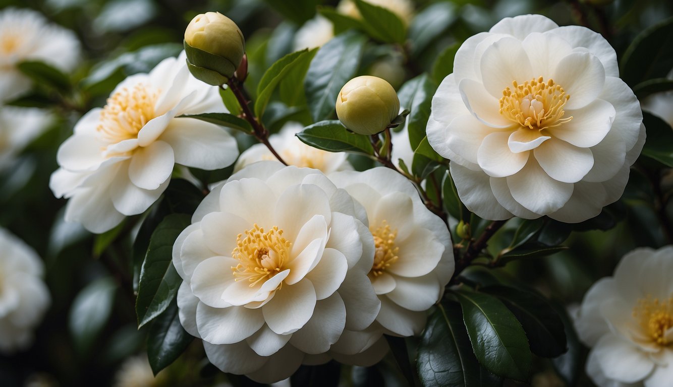 A lush, vibrant camellia 'Paradise Pearl' in full bloom, with glossy green leaves and delicate, white, perfectly symmetrical flowers