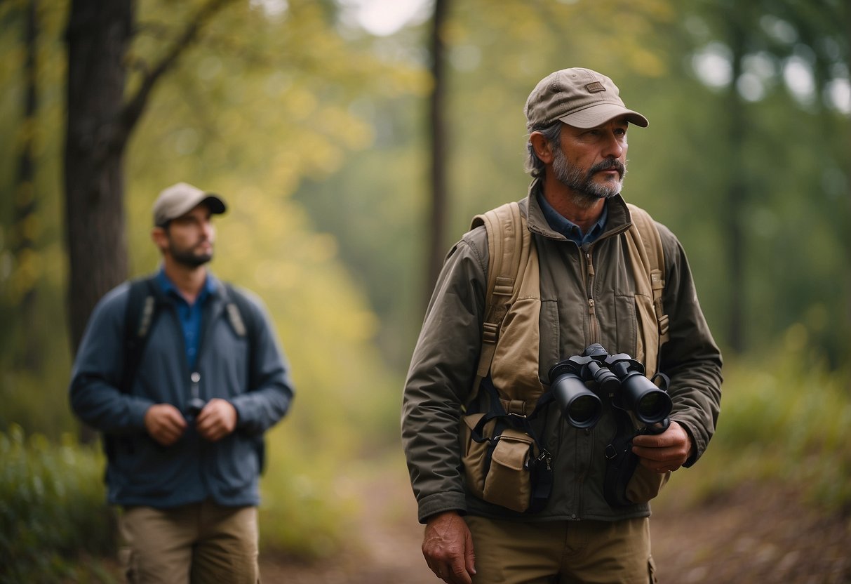 A wildlife watcher stands unprepared, lacking proper gear. Binoculars and field guide are left behind