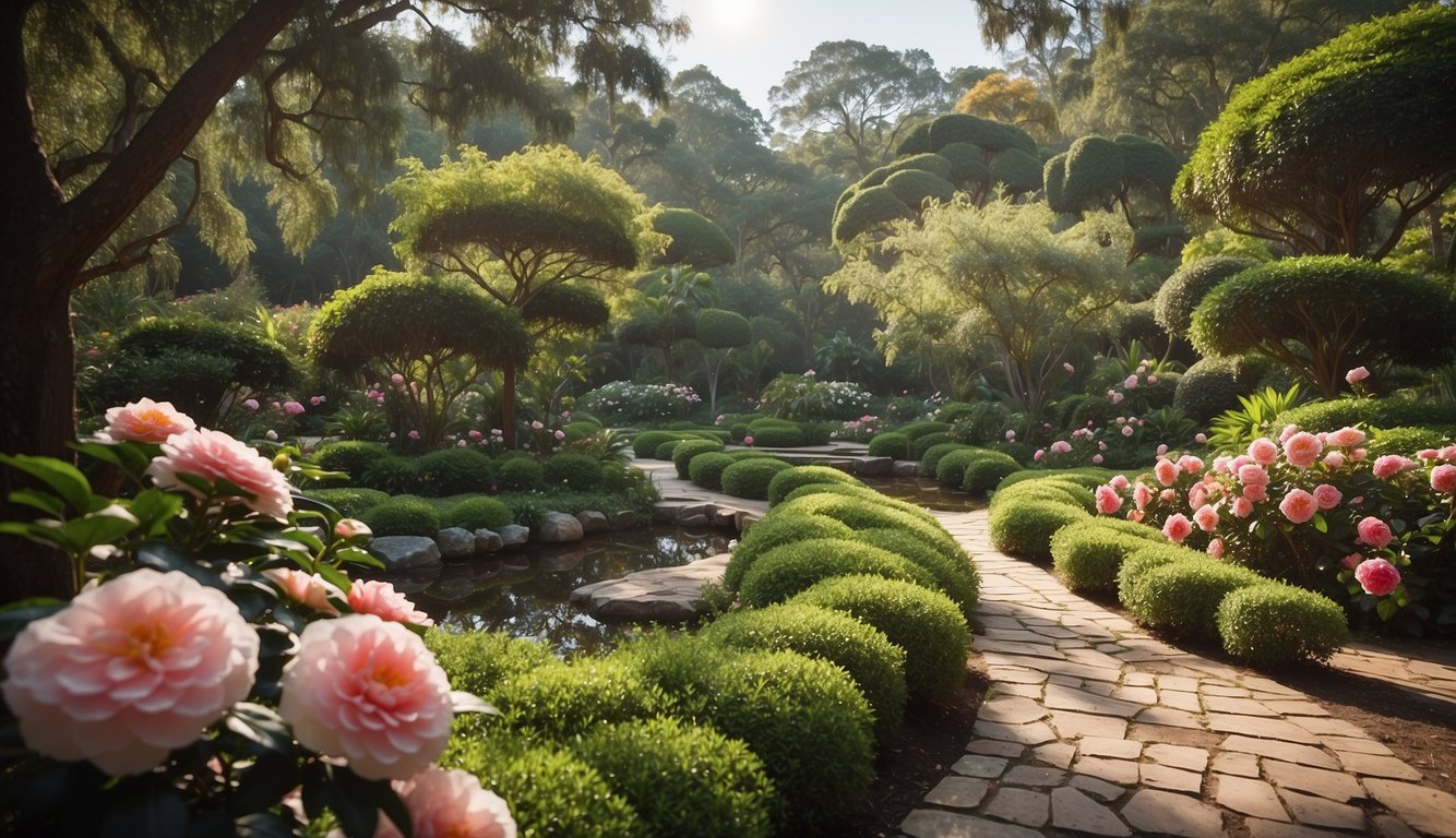 A lush garden with 'Paradise Pearl' camellias, winding paths, and a serene pond. Towering trees provide shade, while colorful flowers and shrubs add pops of vibrant color