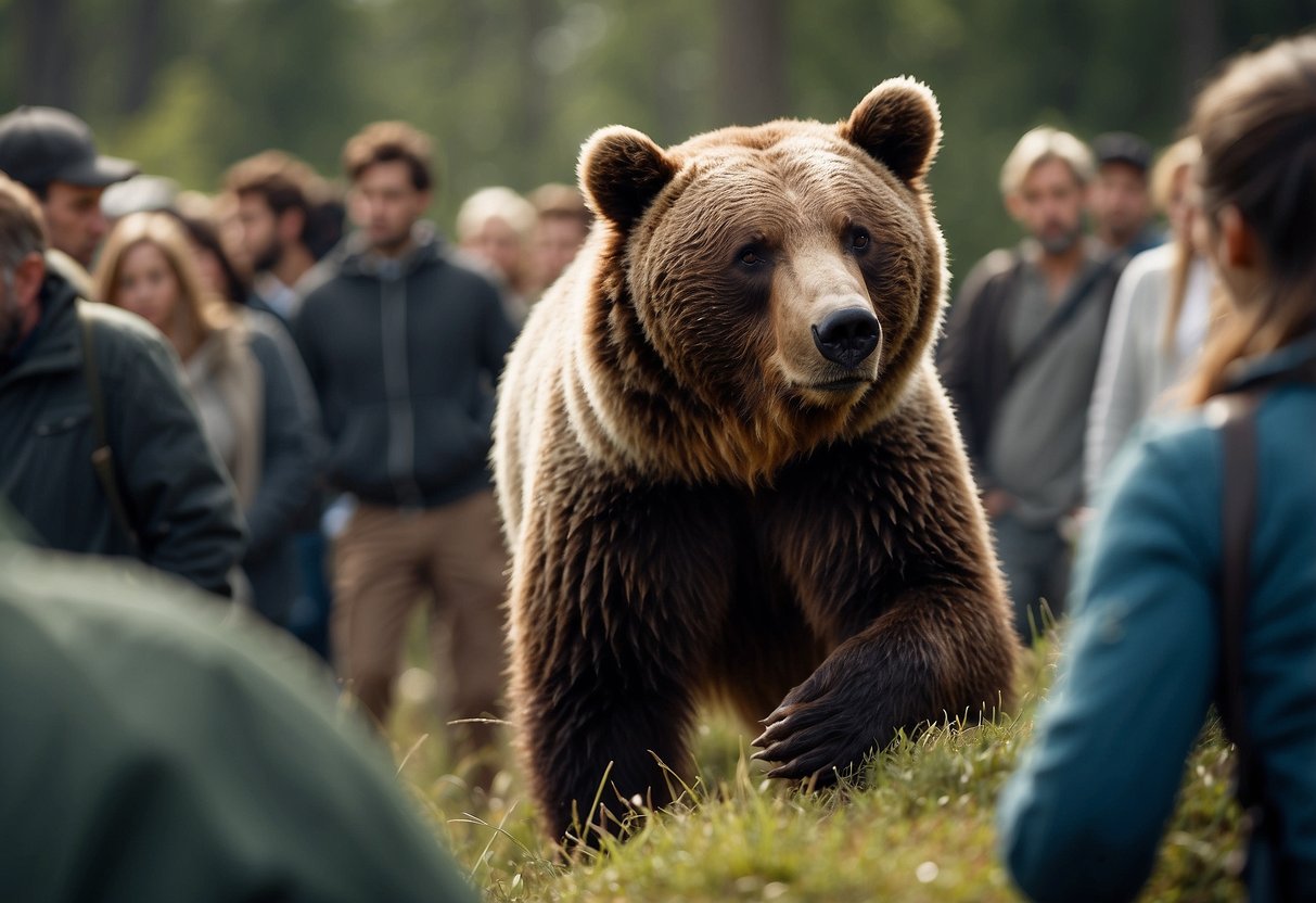 A bear approaches a crowded viewing area, causing chaos. Visitors panic and scatter, disrupting the wildlife