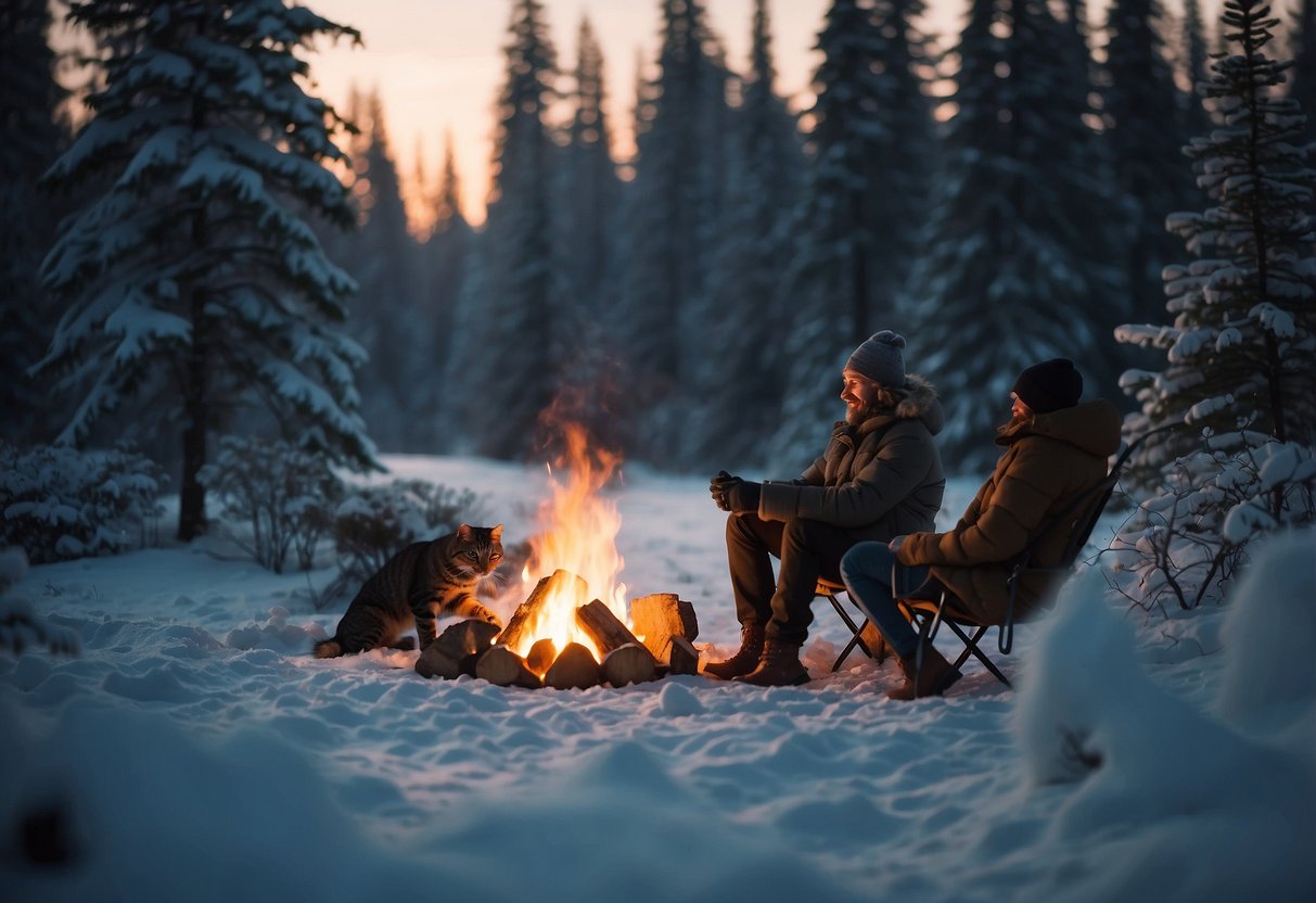 A cozy campfire crackles in the snowy wilderness, surrounded by wildlife. A person's warm breath mingles with the cold air as they watch animals from a safe distance