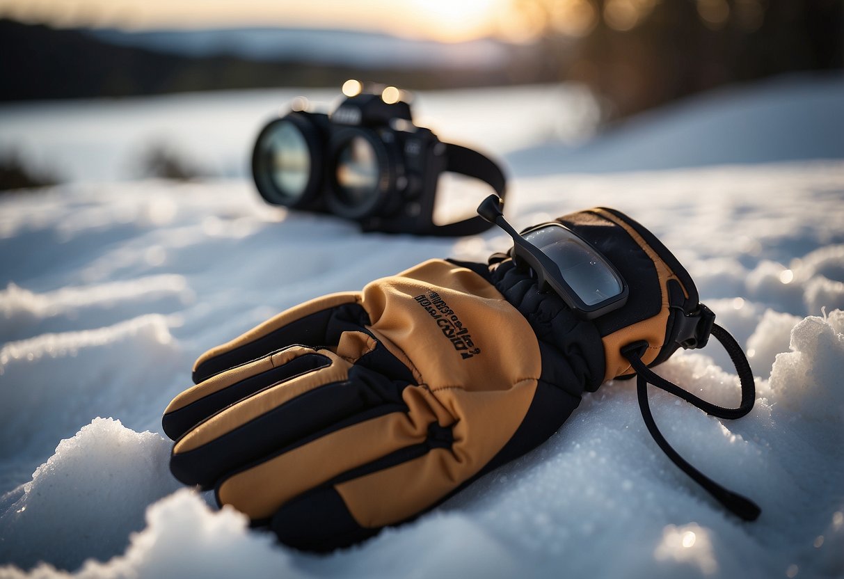 Insulated gloves lay on a snowy surface, surrounded by wildlife watching gear