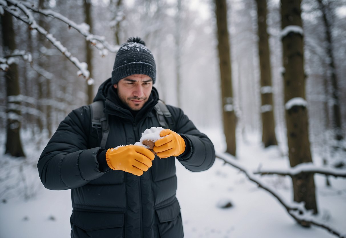 A wildlife watcher carries hand warmers in a snowy forest. Trees and bushes surround them, and a few animal tracks are visible in the snow