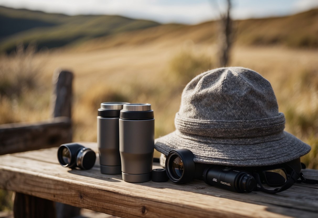 A wool hat sits atop a wooden bench, surrounded by binoculars and a thermos, ready for a wildlife watching adventure